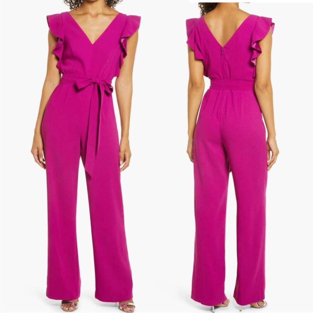 Womens Ruffle-Sleeve Wide-Leg Jumpsuit - Magenta